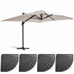 Parasol Déporté 3x4m Et 4 Dalles Lestées Aluminium Blanc